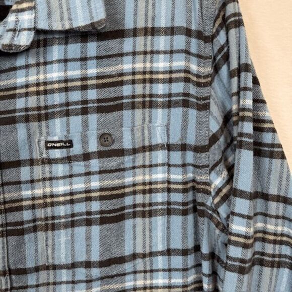 O'Neill Redmond Flannel Shirt Blue Plaid Flat Front Button Pocket Size Medium - Picture 2 of 11